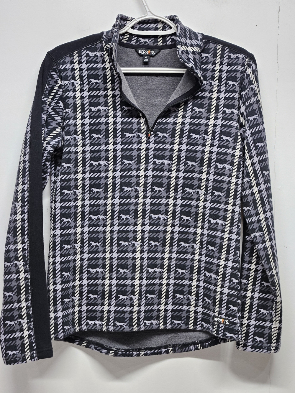 Kerrits Half Zip Pullover Gray Plaid Houndstooth Horse Print Size XL Equestrian